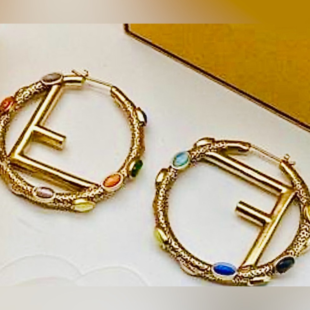 Gold-Tone Multicolor F Stone Hoop Earrings